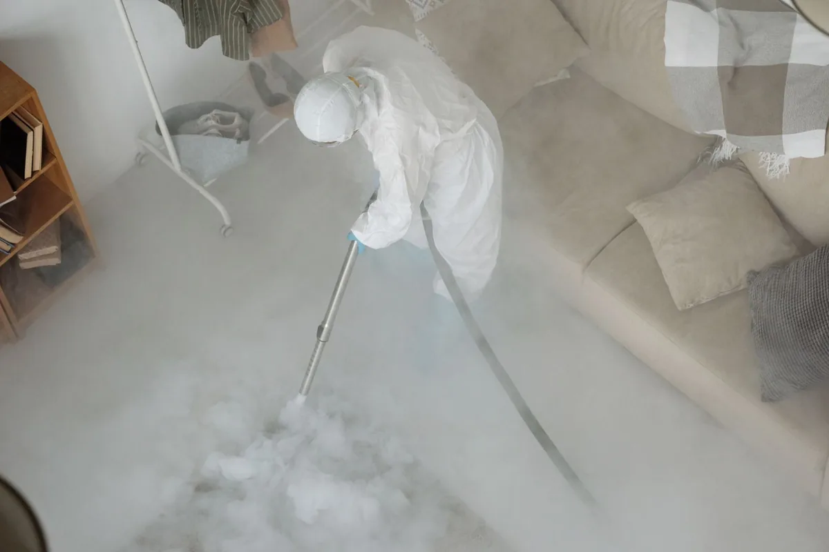 Biohazard cleanup technician in protective equipment, Abbeville, SC